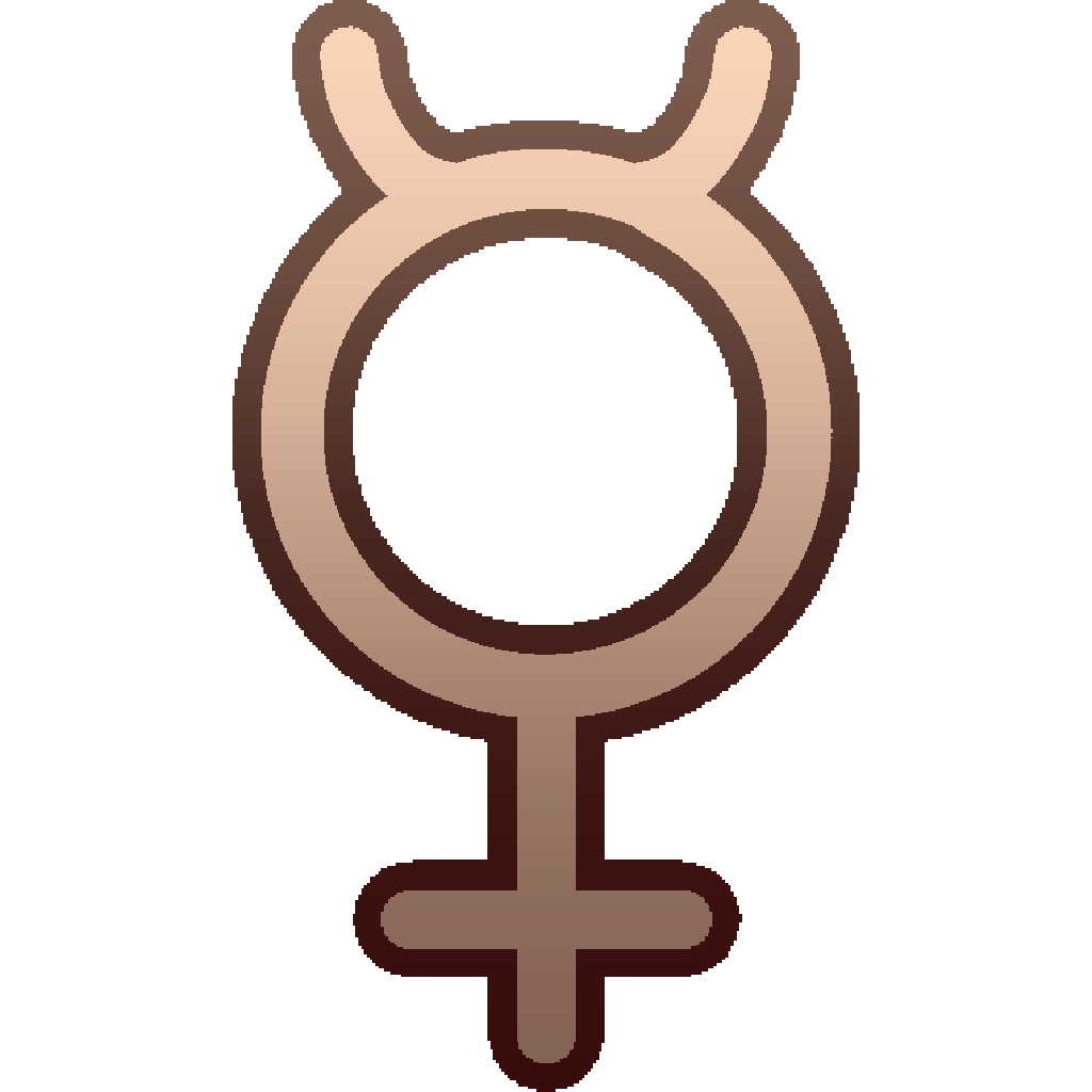 The astro symbol for mercury in beige/light brown. It looks like a circle on top of a stick with a crossbar, with a semicircle on top of the circle.